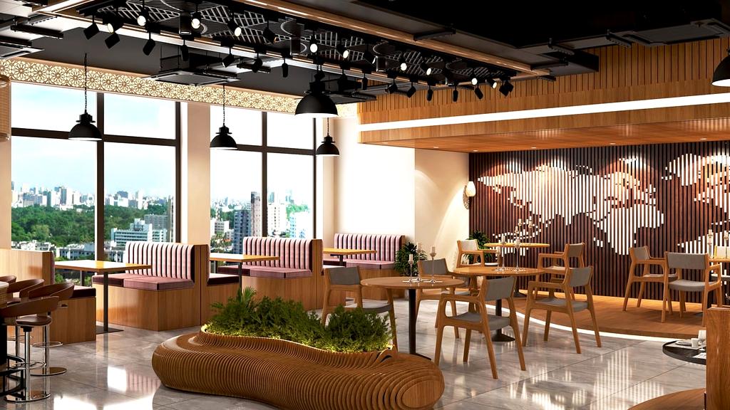 Intérieur chaleureux du café jewyliy avec tables en bois et éclairage tamisé